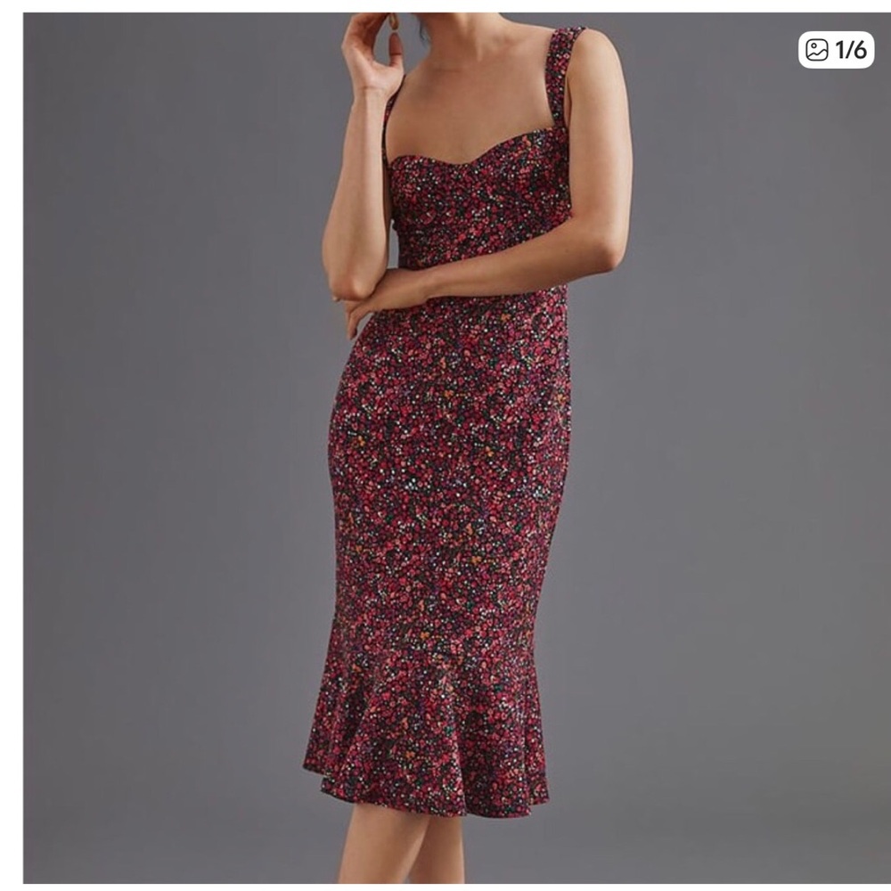 Anthropologie X‎ Hutch Red Sweetheart Neckline Midi Floral Dress size Large NEW